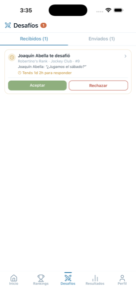 Pantalla de desafío recibido: aceptar, rechazar, agendar